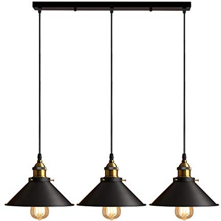 iDEGU Rétro 3 Lumières Suspension Luminaire, Vintage Lustre Industrielle Métal E27 Plafonnier Abat-jour de Design Edison Lampe Suspension pour Cuisine Salle à Manger Café Bar Restaurant - Ø22CM, Noir