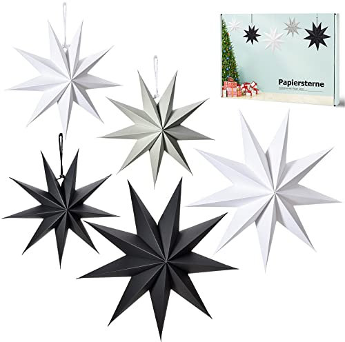 Linkbro 5 Stück Skandinavisch Papiersterne für Weihnachts Deko, 9 Zacken Weihnachtssterne, 30cm x 3 + 45cm x 2, zum Aufhängen Weihnachtsdekoration, Fensterdekoration(Schwarz,Weiß,Grau)
