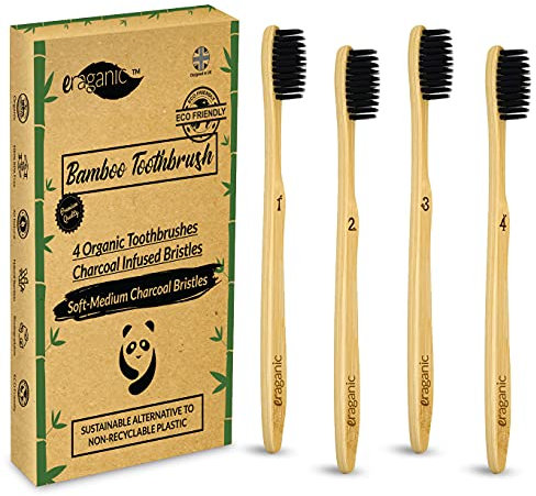 Eraganic Charcoal Bamboo Toothbrushes | Pack of 4 | Eco Friendly Products | Organic Biodegradable Wooden Toothbrush with Charcoal Infused Wavy Bristles | Plastic & BPA Free - Vegan