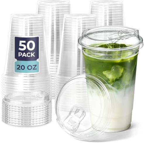 Fit Meal Prep Paquete de 50 vasos de plástico transparente de 20 onzas con tapas sin popote, tazas de café de plástico desechables, tazas para llevar para café helado, batidos, refrescos, bebidas de