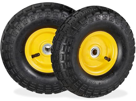 4x Ruote per Carrello 4.1/3.5-4, Gomme di Scorta Carriola, Asse 16 mm, fino 136 kg, 260 x 85 mm, Nero Giallo