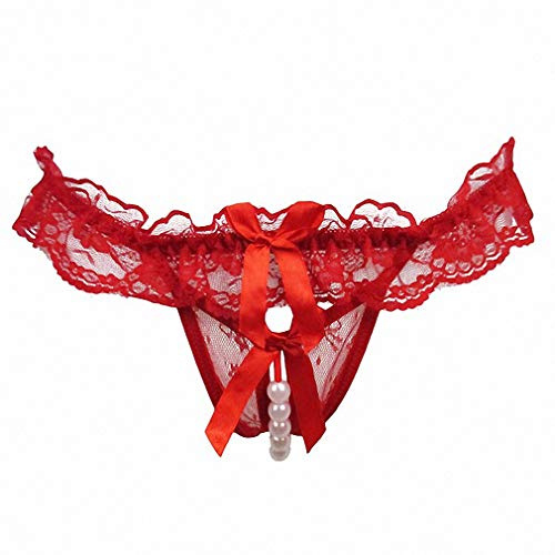 AkovichFarh Women Pearl Lace Bowknot Beads Lace Panties Erotic Thong Lingerie Underwear, Red, M-L