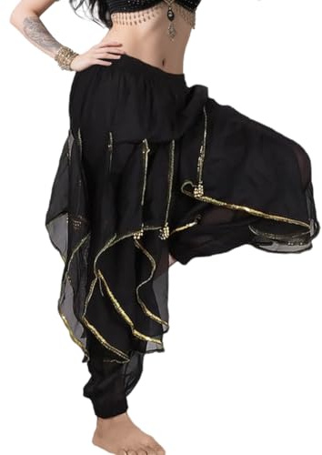 Leemiman Women Belly Dance Costume Harem Pants Tribal Baggy Arabic Halloween Trousers with Gold Trim