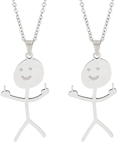 MenYiYDS 2-teilige Lustige Graffiti-Halskette, Silberne Smiley-Halskette Mit Match-Finger-Gesten, Geschenk (Silber)