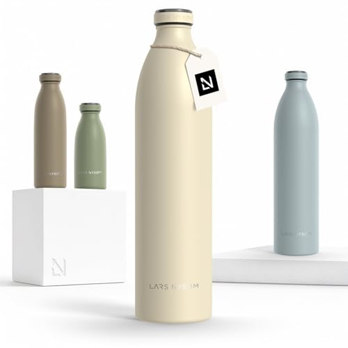 LARS NYSØM Edelstahl Trinkflasche 350ml, 500ml, 750ml, 1L, 1 5 liter | Thermosflasche Kohlensäure geeignet | Auslaufsichere Wasserflasche für Sport, Outdoor, Schule (Almond Beige, XL 1500ml)