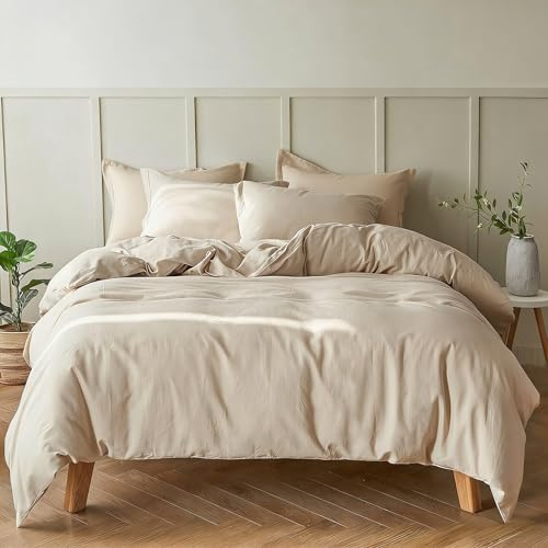 Simple&Opulence French Linen Duvet Cover Set 88 x 92- 5 Pieces (1 Comforter Cover,4 Pillowcases)- Natural Flax Cotton Blend-Solid Color Breathable Farmhouse Bedding-Linen/Beige, Queen