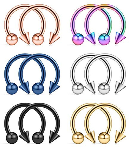 Longbeauty 12 Pcs 14G Edelstahl Nase Ringe mit Kugeln/Spikes Hufeisen Piercing Ringe Septum Helix Tragus Ohr Piercing Augenbraue Lippe 12mm Innendurchmesser