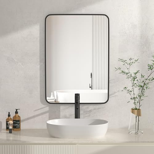 Heilmetz Large Wall Mirror 500 x 700mm, Black Bathroom Wall Mirrors, Rectangular Curved Frame Modern Wall Mounted Mirror Hanging Horizontal/Vertical