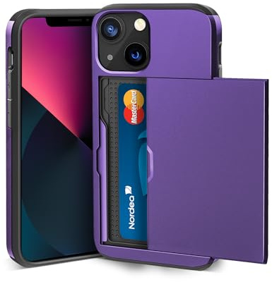 ACOCOBUY for iPhone 13 Case with Card Holder Sliding Cover 6.1 inch Purple | Hidden Pocket IDs Credit Cards Slot Heavy Duty Shockproof Protective Dual Layer Wallet Phone Cover Back Shell for Men Women