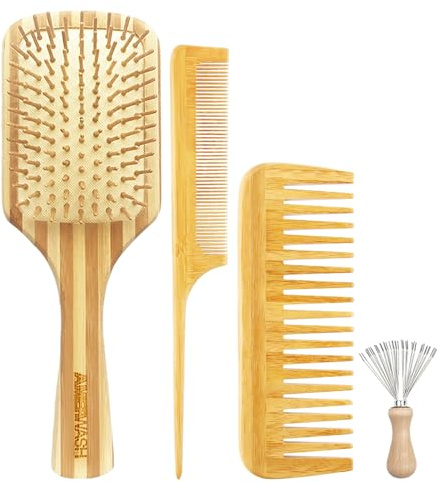 Bamboo Hair Brush Comb Set for Women, Wooden Paddle Detangling Brush for Thick Thin Curly Straight Wavy Fine Hair, Wide Tooth & Tail Comb Great for Wet or Dry Use, Hairbrush Cleaning Tool Included