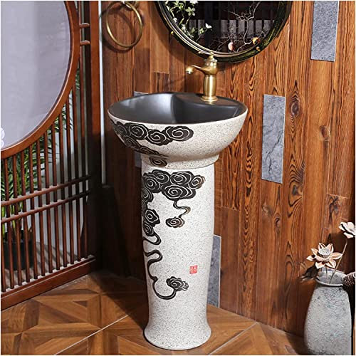 Vanity Unit with Basin,Bathroom Basin Sink with Full Pedestal, Pedestal Sink Handcrafted Ceramic wash Basin Pedestal washbasin, Kaolin Clay Pedestal Sink Round Freestanding Sink fo