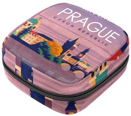 RODAILYCAY Damenbinden Aufbewahrungsbeutel für Frauen, große Kapazität, Menstruationspad-Tasche, Prag, Reiseposter, Menstruationstaschen, Tampon-Sammelhalter, Geldbörse