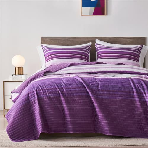 KAKIJUMN Bettwäsche-Set für Doppelbetten, Patchwork, gestreift, weich, leicht, Tagesdecken-Set mit 1 Kissenbezug, Weiß und Lila, Queen-Size-Bett