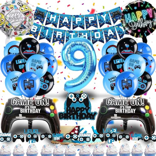 Betensh Luftballon Jung Geburtstag Deko 9 Jahre Kinder mit Videospiel Tortendeko, Gamer Deko Party