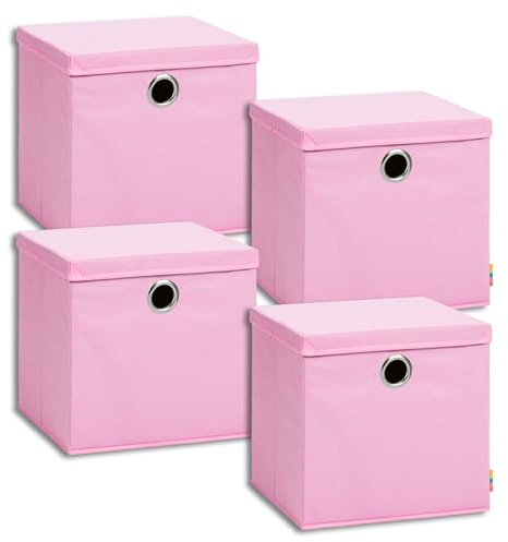 Storanda | 4er Set Aufbewahrungsbox 34x34x33 cm mit Deckel | Extra Große Griffe | Stabil & Faltbar | Regalbox für Würfelregal | Ideal für Zuhause & Kinderzimmer | Rosa