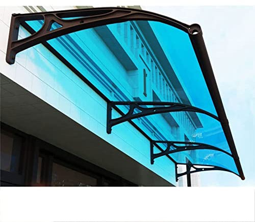 Vordach für Haustür, Regenschutz, Unterstand, Außenmarkise, Terrassen-/Verandamarkise mit blauem Polycarbonat und Aluminiumrahmen für Sonnenschutz im Freien, Regenschutz, Schwarz