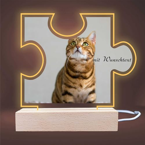 INDIGOS UG - LED Lampe personalisiert - Katze - Puzzle - personalisierte Lampe - mit Foto & Wunschtext - Geschenk - Acrylglas 14x14 cm - optionale Lampe warmweiss