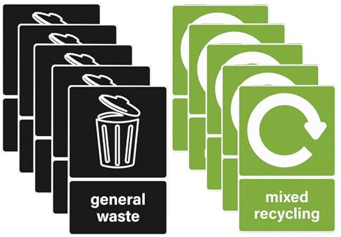 10 PCS Recycling Stickers for Bins, Recycling Bins Stickers Self Adhesive, 160 × 120 mm Waterproof General Waste Decals, Removable Mixed Recycling Signs Suitable for Kitchen,Home,Office,Restaurant