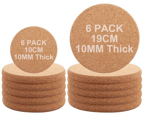 AKOLAFE 12 Pack Cork Placemats and Coasters, Round Cork Mat Trivet 2 Size Table Mats for Kitchen Table, Coffee, Tea, Kettles, Pots, Hot Pans, and Plants 19cm+10cm Diameter