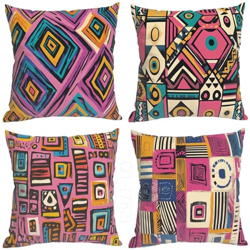 Geometrie Kissenbezug 80x80 cm, Outdoor Kissen Farbe Muster Design, 4er Set Doppelseitig HD Drucken Wetterfest Leinen Kissenbezüge mit Unsichtbarem Reißverschluss für Outdoor Deko Kissen Aesthetic