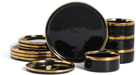 Christian Siriano Solene Steinzeug Geschirr-Set, 12-teiliges Teller- und Schüssel-Set, Geschirrset für 4 Personen, schwarz mit Goldrand, glänzende Oberfläche, nur Handwäsche