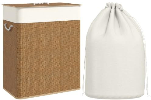 HOMCOM 100L Laundry Basket with Lid 2 Section Laundry Hamper Brown | Bamboo, Removable and Washable Liner, Handles, Dirty Clothes Hamper, Bathroom, Bedroom