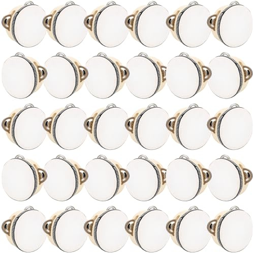 30 Pcs 4 Inch Adult Wedding Tambourines Drum Wooden Natural Handheld Drums Metal Jingles Drums Musical Instruments Percussion for Church Wedding Party Favor