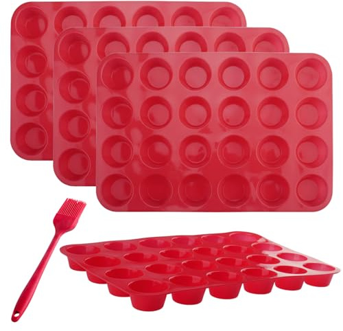 Velicber 4 Pièces Mini Moule Silicone pour 24 Muffins, Anti-AdhéSif Muffin Moule con Brosse a Huile, Moules Mini Cupcake Sans BPA Lave-Vaisselle pour Muffins, Gâteaux, 34 x 23 x 3.5cm (Rouge)