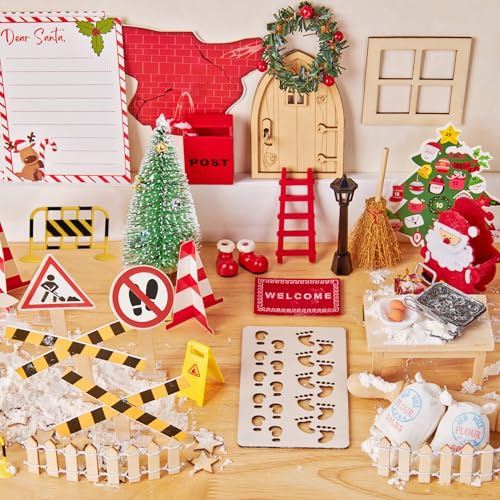 Sunbeauty 65 Stück Wichtel Set Weihnachten Komplett, Wichtel Zubehör Haus Enthalten Wichtel Baustelle,Wichtelhaus,Feentür,Leiter, Küchendetails,Briefkasten,Brief,für Kinder DIY Geschenk Rot