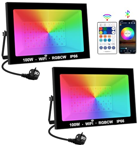 Proyector LED Exterior RGB 100W, T-SUNUS 4 Piezas Foco LED RGB con APP WiFi Bluetooth y Mando, Control en Grupo, Temporizador, IP66 Impermeable para Jardín Terraza Fiesta Bar
