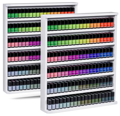 Kikihouse Wood Nail Polish Rack 2 Packs, Wall Mount Nail Polish Organizer, 6 Layers Nail Salon Storage Display Shelves Perfume Essential Oil Bottles Holder w/Acrylic Baffle, White