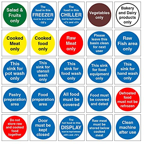 Kitchen Food Safety Signs Pack, 25 Self-Adhesive Labels, 100mm x 100mm Stickers, Hygiene and Storage Instructions
