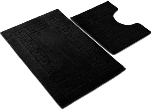 Nest & Nibble Greek Key Bath Mats 2-Piece Set | Non-Slip Bathroom Mat & Pedestal Rug | Soft, Quick Dry, Water Absorbent, Machine Washable Shower Mat | Luxury Bathroom Carpet Set (Black)