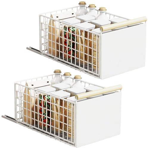2 Stück Groß Teleskopschublade, Ausziehbare Schubladen-Aufbewahrungsregale | für Küchenschränke, Metall Ausziehbare Faltbarer Schublade (38 x 23 x18 cm), Kein Bohren und Nageln Erforderlich, Weiß