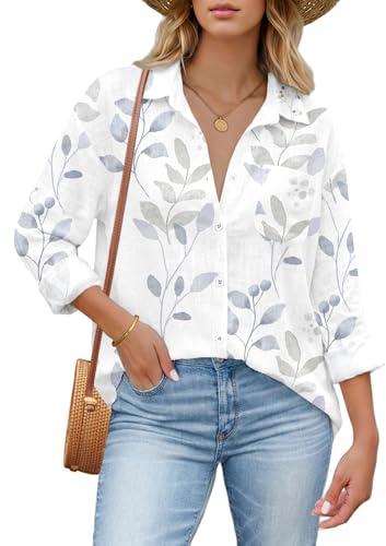 HOTOUCH Womens Button Down Shirts Cotton Linen Long Sleeve Tops Dressy Casual Stylish Work Blouses White Leaves XL