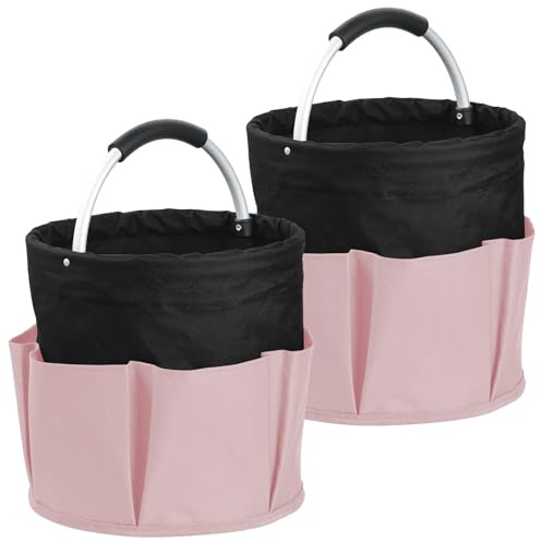 IHOMAGIC 2Pack Cestino porta Detersivi Pieghevole, 17L Borsa porta Attrezzi con Manico e 6 Tasche, Cestino Picnic in Tessuto Oxford 600D, Cestini Portaoggetti per Viaggiare, la Spesa, Nero con Rosa