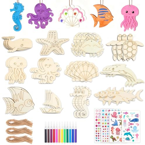 IETWATE 36PCS Arts and Crafts for Kids: Sea Animal Kids Crafts for Painting, Sea Animal Wind Chime Kit, Sea Ornaments Unfinished Wood Ocean Animals, for Boys Girls School Activities Decoration