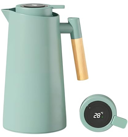 Colexy Jarra Térmica de Café 1L, Tetera Cafe al Vacío Doble Pared con Revestimiento Vidrio Termo Café Aislado con Mango de Madera, Mantiene el Frío Caliente para Cafe Té Agua (Cian)
