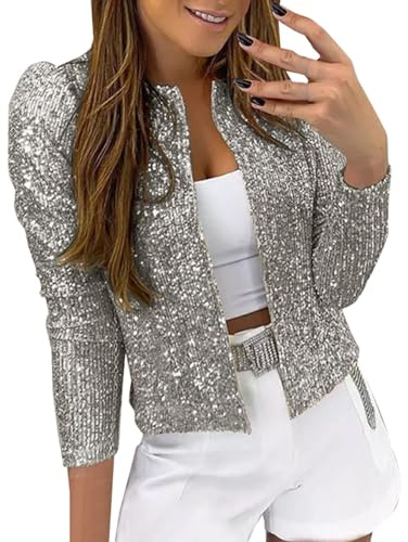 Shfebrinox Cardigan corto scintillante da donna con paillettes aperto sul davanti per feste bolero coprispalle da donna elegante glitter sera club notte giacca per matrimoni ospiti capispalla
