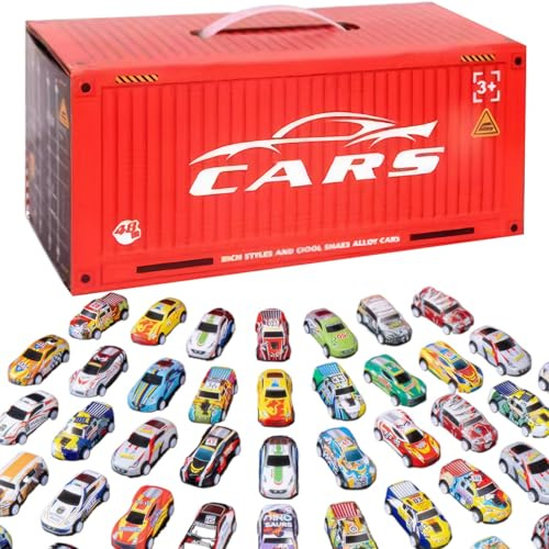 SMELEYOU 48PCS/Set Coches de Carreras Simulación Divertida Coches de tracción con Juguetes de Garaje incorporados Mini tracción portátil para niños niñas Amantes de los niños pequeños, Rojo