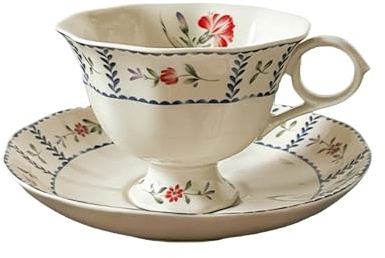 fanquare 200ml Elegante Tasse und Untertasse Set Vintage Porzellan Kaffeetassen,Europäische Art Keramik Teetasse mit Blumenmuster für Frauen Frühstück Nachmittagstee