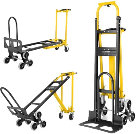 Professional 1000LBS Stair Climbing Hand Truck, Heavy Duty 3-in-1 Aluminum Folding Dolly Cart with Solid Wheels for Office/Moving/Travel (Yellow)