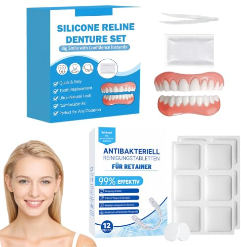 False Teeth Set Full Dentures with 12 Cleaning Tablets, Soft Silicone Dentures Top and Bottom for Men Women, Fit Over Existing Teeth