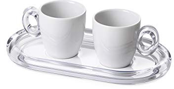 OMADA Set 2 Tazzine Caffè in Porcellana con Manici e Vassoio in Acrilico | Set Servizio Caffè con 2 Tazzine da 90 ml e Vassoio in Plastica Trasparente e Colorata Abbinato