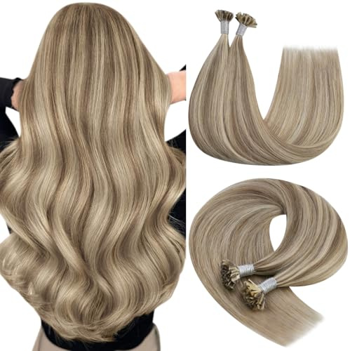 YoungSee Extensions Echthaar Bondings Braun,Bonding Extensions Echthaar Hellbraun Strahnchen Platinblond,Bondings Haarverlängerung,Invisible U Tip Haarextension,Hot Fusion,40 cm,40g,P8A/60