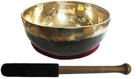Bengali KLANGSCHALE 250-300g Handarbeit 3-tlg Set mit Zubehör. Gold schwarze Schale + Klangschalenkissen + Klöppel (Holz-Leder). 81600-0