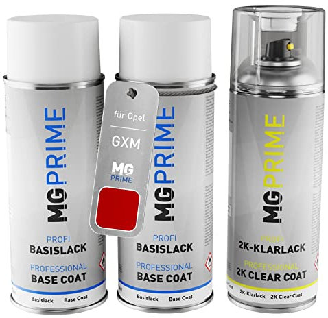 MG PRIME Autolack 2K Spraydosen Set für Opel GXM / 50M 58T Sanguine Red/Fire Red Grundlack Basislack 2 Komponenten Klarlack Sprühdose