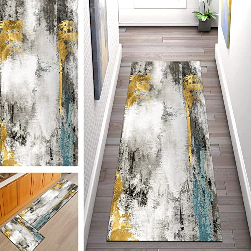 SGLGSTORE Läufer Teppich Flur rutschfest waschbar Grau Gold Küchenläufer, Modern Teppichläufer Polyester Korridor Teppich Schlafzimmer Wohnzimmer Küchenbodenmatte Breite 40/50/ 60/70/ 80/90/ 100cm