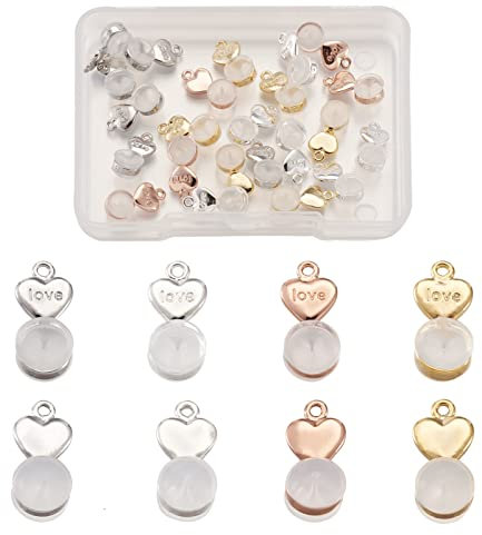 Bestewelry 24 tuercas de silicona para los oídos, pendientes con corazón de latón, tapón de goma de seguridad con colgantes de corazón de amor, para hacer joyas, aretes