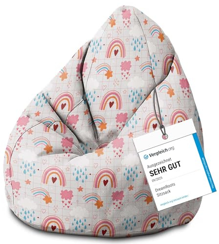 DreamRoots Sitzsack Kinder 70x70x105, Pink Rainbow | Bean Bag Kinder mit Lehne, Hocker & Bezug, Sitzkissen Boden, Bubibag, mit Füllung, Kinderzimmer
